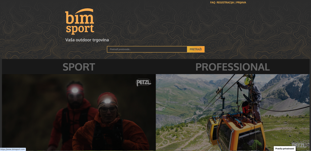 Naslovna stranica Bim Sport trgovine koja prikazuje sportski i profesionalni asortiman njihove opreme te službeno zastupništvo Petzl brenda.